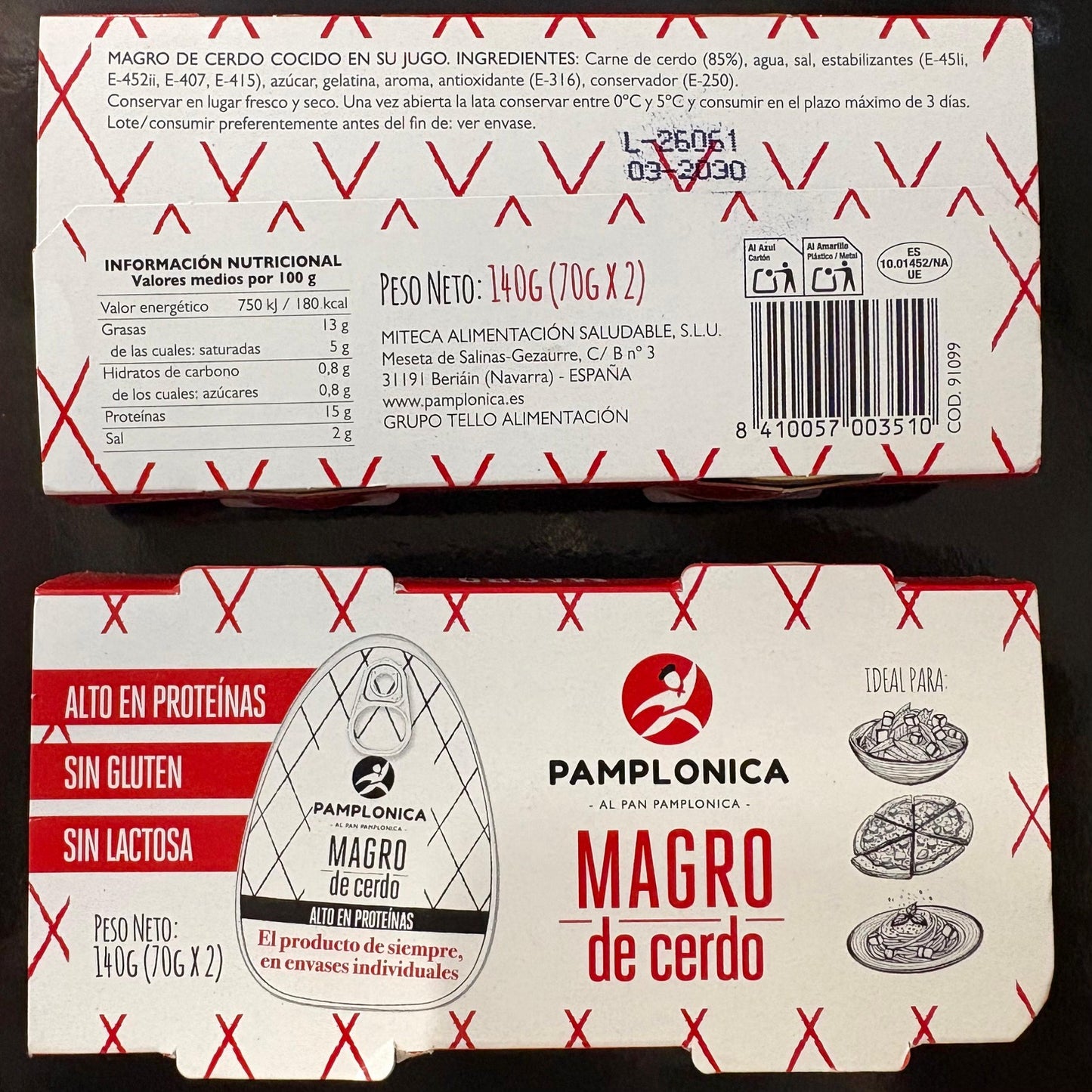 MAGRO DE CERDO - PAMPLONICA - 2 LATAS DE 70 GRS. - ALTO EN PROTEINAS - SIN GLUTEN, SIN LACTOSA (Copia)