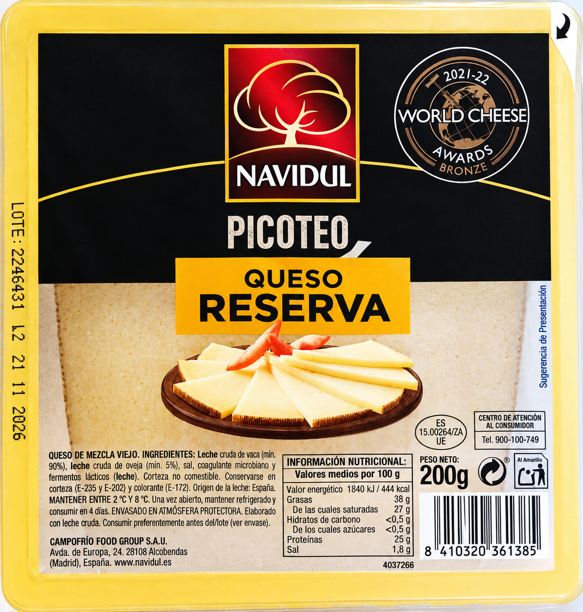 QUESO RESERVA CORTADO "PICOTEO DE NAVIDUL" CUÑA DE 200 GRAMOS