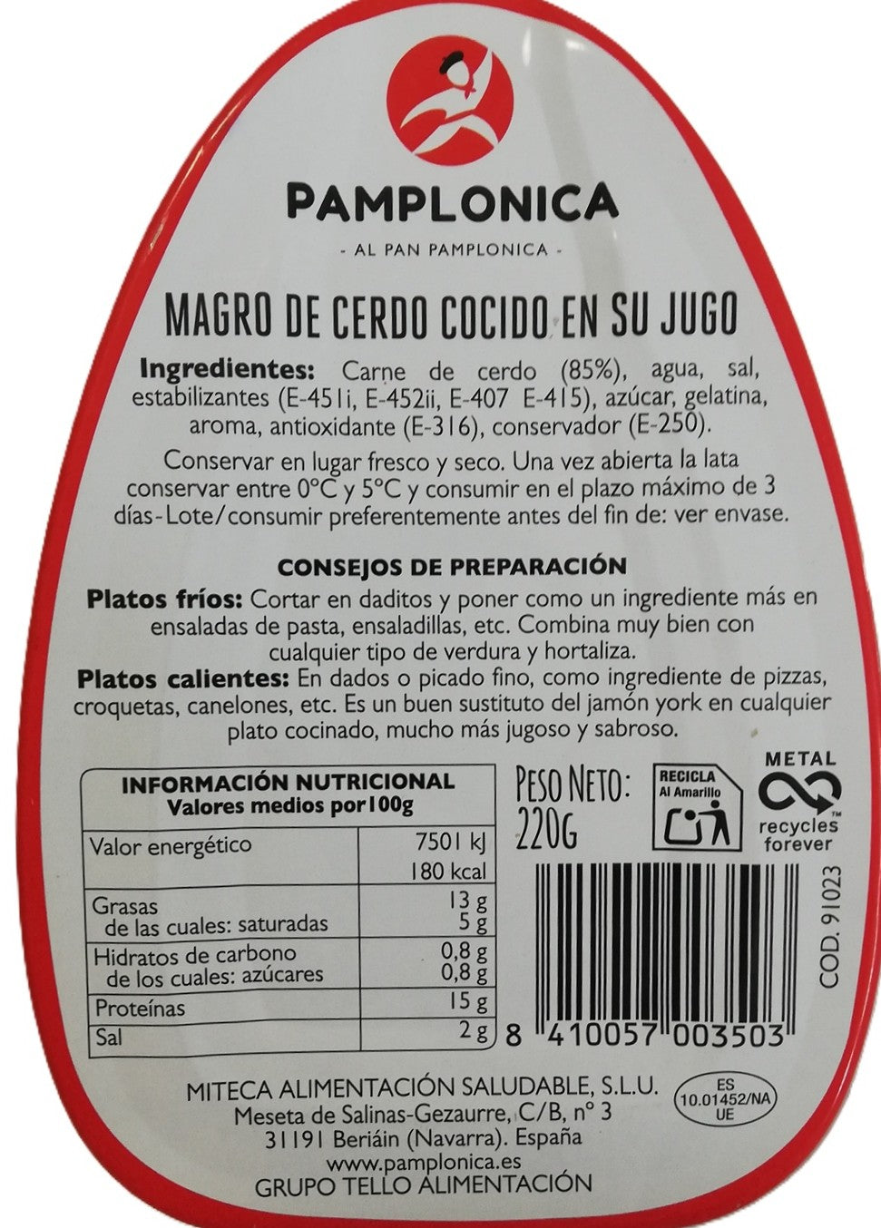 MAGRO DE CERDO - PAMPLONICA - LATA 220 GRS. - ALTO EN PROTEINAS - SIN GLUTEN, SIN LACTOSA