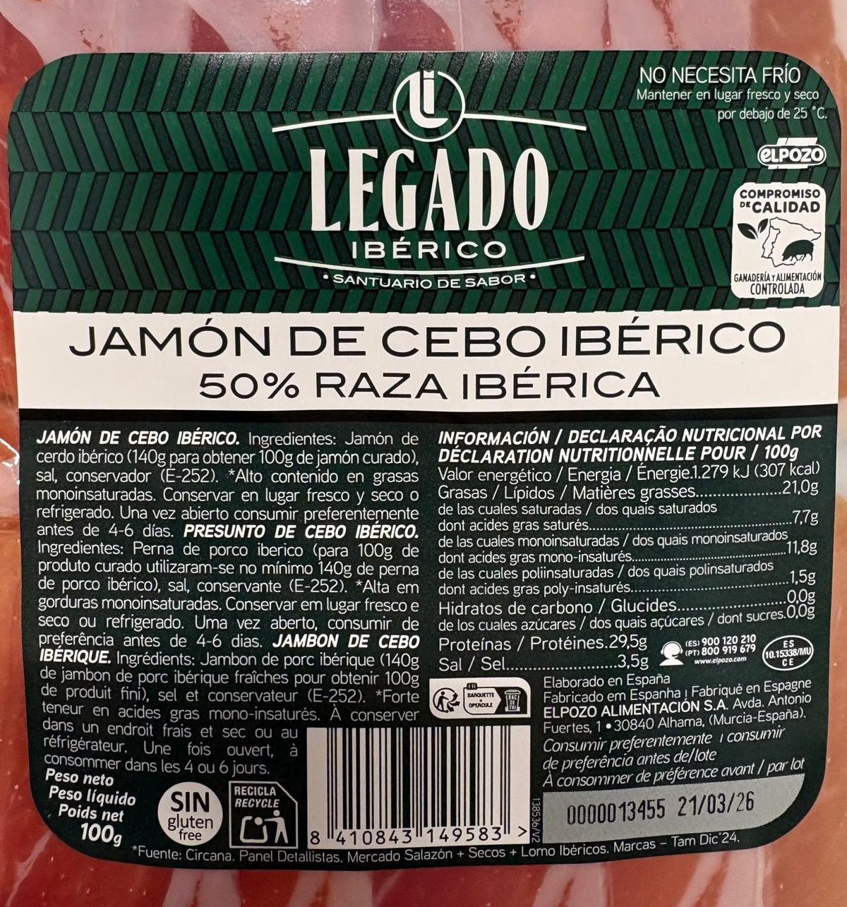 JAMÓN IBÉRICO LEGADO DE CEBO 50% RAZA LONCHEADO SOBRES 100 gms.