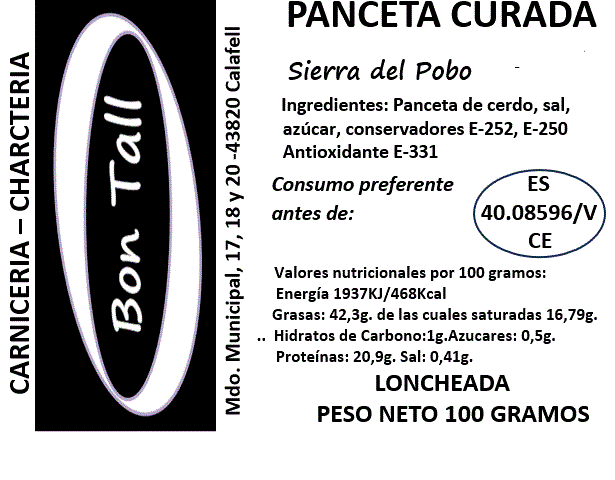 PANCETA CURADA LONCHEADA sobre de 100 gramos