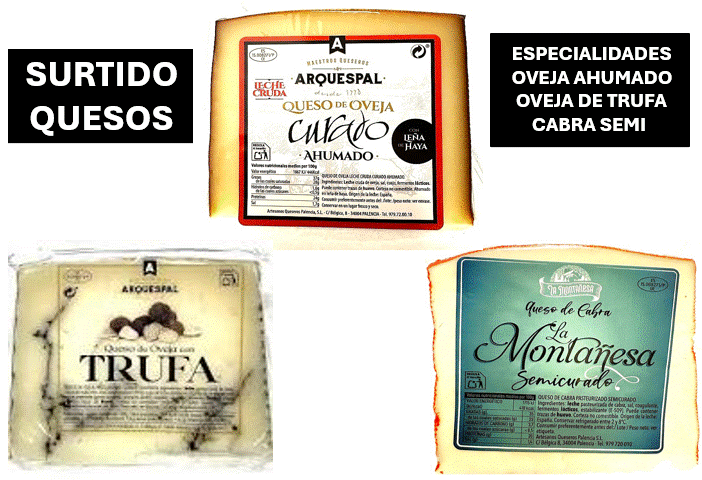 SURTIDO DE QUESOS EN CUÑAS - OVEJA AHUMADO - OVEJA TRUFA - PURO DE CABRA (peso total: 550 a 600 gramos)