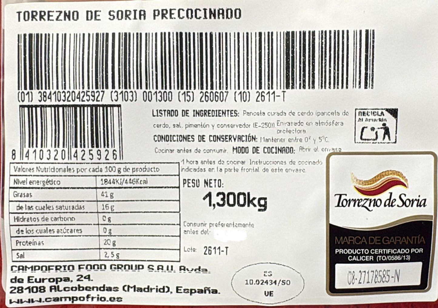TORREZNOS DE SORIA PRECOCINADOS "REVILLA" bandeja de 1300g.