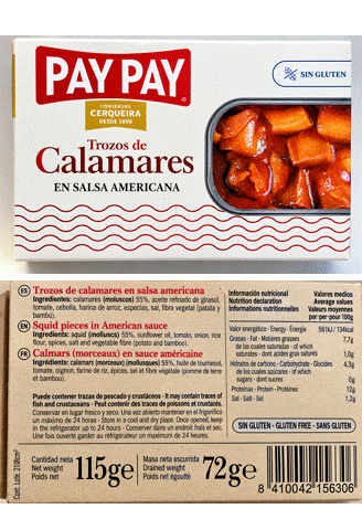 TROZOS DE CALAMARES EN SALSA AMERICANA "PAY PAY" lata de 115 g.