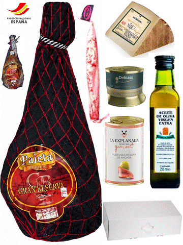 LOTE PACK CON FUNDAMENTO, COMPUESTO POR: PALETA GRAN RESERVA "LOS ROMEROS" de 4'5 a 5 Kilos+ ESPATEC + QUESO VIEJO + PATE DE PATO + ACEITUNAS RELLENAS + ACEITE OLIVA VIRGEN