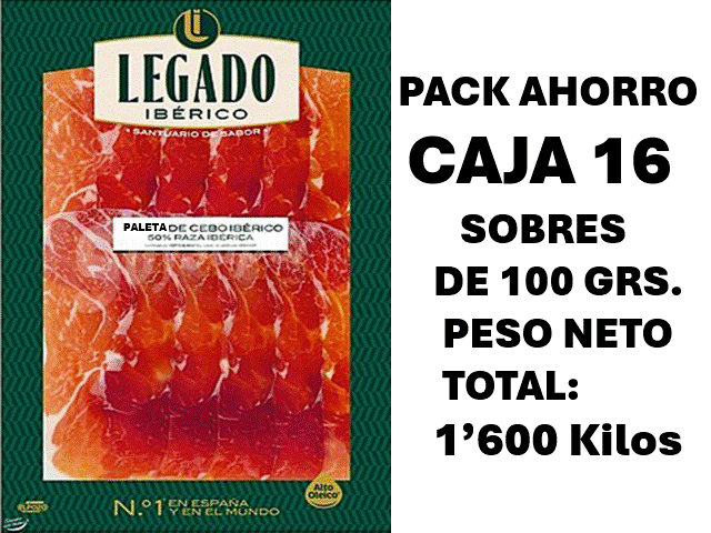 PALETA IBÉRICA LEGADO DE CEBO 50% RAZA -LONCHEADA- CAJA DE 16 SOBRES 100 GRAMOS