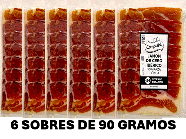 JAMÓN IBÉRICO 50% RAZA "CAMPOFRIO" - LONCHEADO SOBRES 90 GRS. - PACK DE 6 SOBRES
