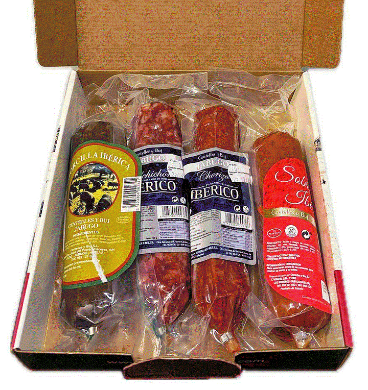 EMBUTIDOS IBÉRICOS DE JABUGO SURTIDO Chorizo, Salchichón, Sobrasada y Morcilla (piezas de 250 grs. total 1 Kilo)