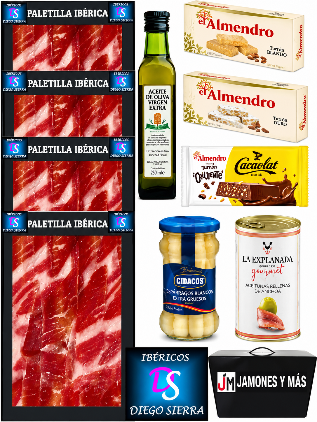 PALETA IBÉRICA Y MÁS - LOTE Nº 5: 4 sobres de Paleta Ibérica de 100 grs. + 3 Turrones El Almendro + botella Aceite Virgen Extra Jaén + bote Espárragos Blancos cortos y Aceitunas Rellenas Gourmet La Explanada