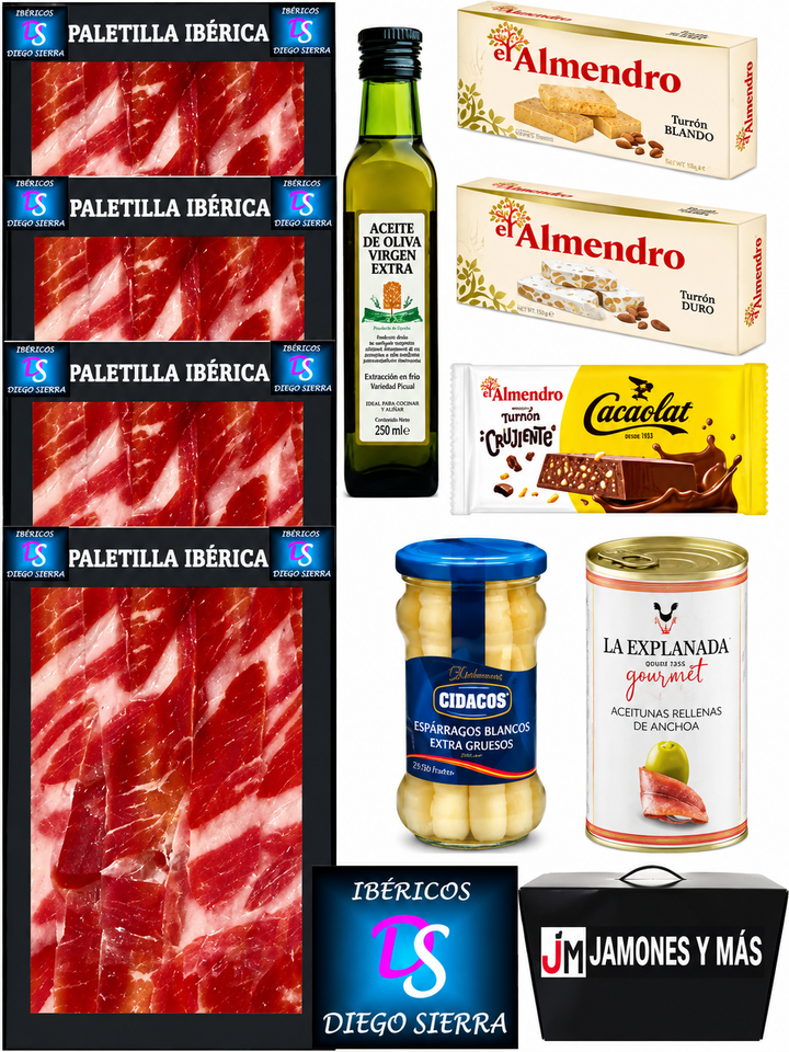 PALETA IBÉRICA Y MÁS - LOTE Nº 5: 4 sobres de Paleta Ibérica de 100 grs. + 3 Turrones El Almendro + botella Aceite Virgen Extra Jaén + bote Espárragos Blancos cortos y Aceitunas Rellenas Gourmet La Explanada