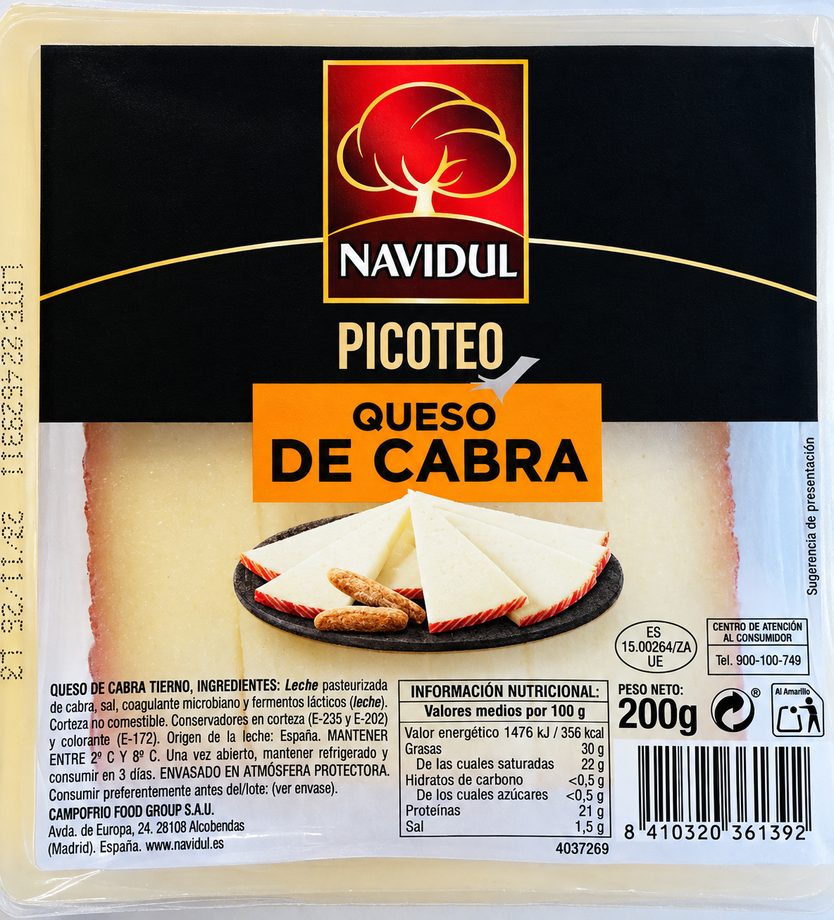 QUESO DE CABRA CORTADO "PICOTEO DE NAVIDUL" CUÑA DE 200 GRAMOS
