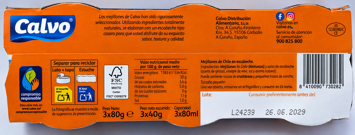MEJILLONES EN ESCABECHE "CALVO" PACK DE 3 X 80 GRAMOS (TOTAL 240 GRS.)