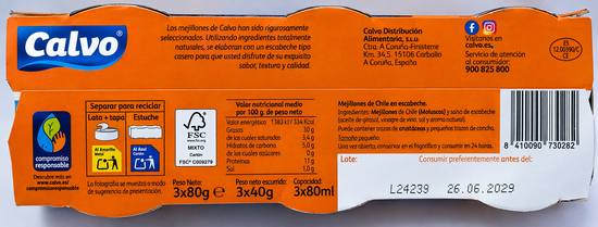 MEJILLONES EN ESCABECHE "CALVO" PACK DE 3 X 80 GRAMOS (TOTAL 240 GRS.)