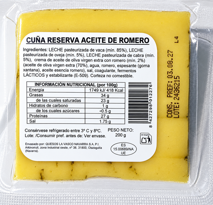 QUESO RESERVA ACEITE DE ROMERO CUÑA 200 GRAMOS "ALBENIZ"
