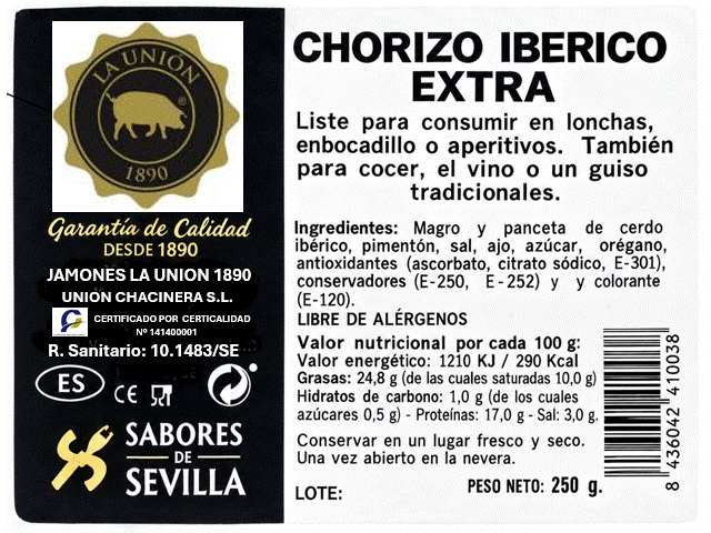 SURTIDO IBÉRICO (Salchichón Ibérico 250g. - Chorizo Ibérico 250g. - Morcilla Ibérica 300g.) - EMBUTIDOS LA UNION