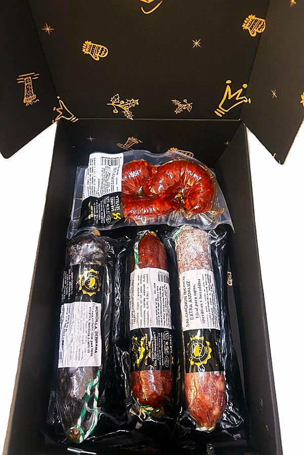LOTE (Cesta) EMBUTIDOS IBÉRICOS (Salchichón Ibérico 250g. - Chorizo Ibérico 250g. - Chorizo Ibérico (2 piezas) 250g. - Morcilla Ibérica 300g.) - EMBUTIDOS LA UNION
