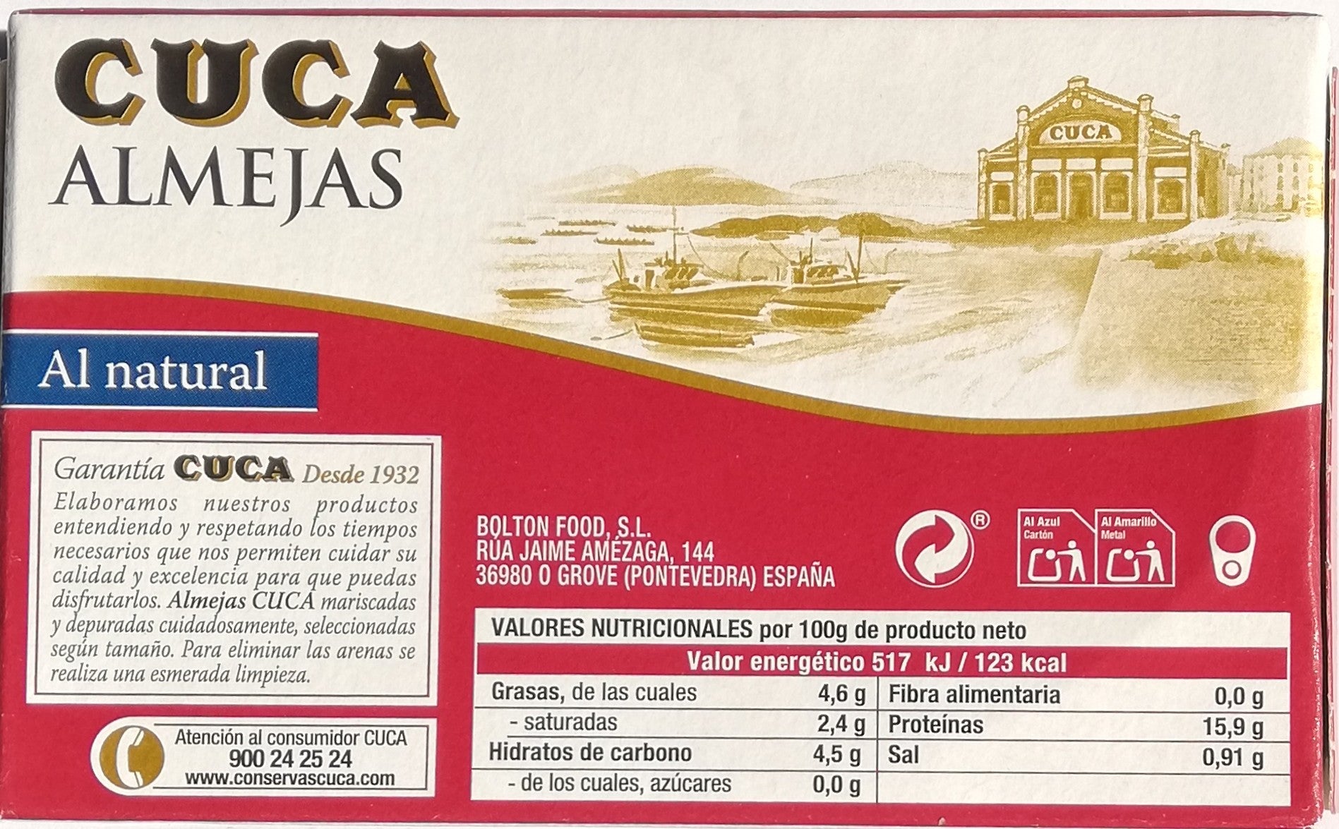 ALMEJA CUCA AL NATURAL lata peso neto 111g. - escurrido 63g - capacidad 120ml.