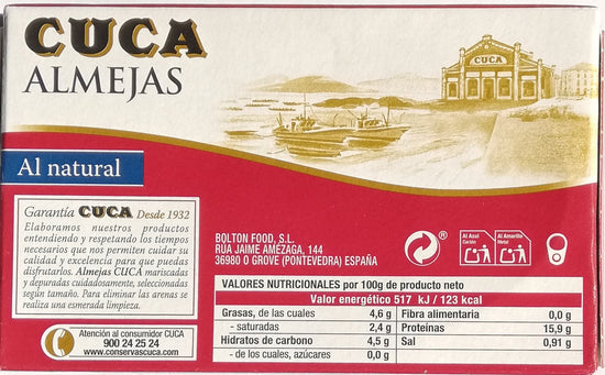 ALMEJA CUCA AL NATURAL lata peso neto 111g. - escurrido 63g - capacidad 120ml.