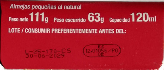 ALMEJA CUCA AL NATURAL lata peso neto 111g. - escurrido 63g - capacidad 120ml.