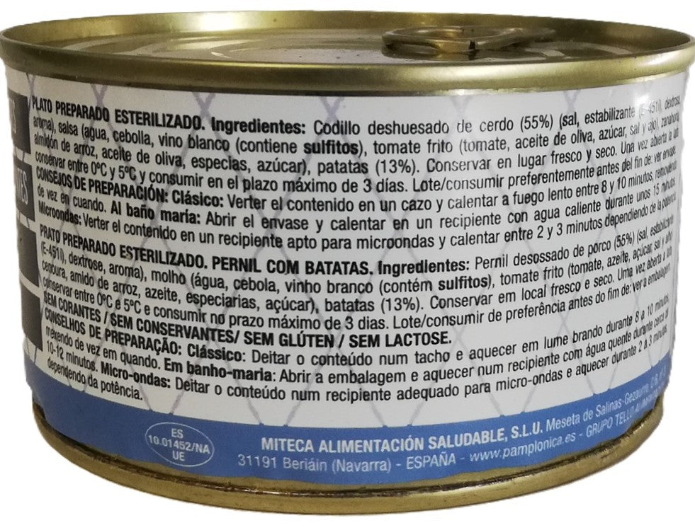 CODILLO DESHUESADO DE CERDO CON PATATAS, LATA 380 GRS. - 1-2 RACIONES - SIN CONSERVANTES - PAMPLONICA