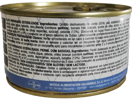 CODILLO DESHUESADO DE CERDO CON PATATAS, LATA 380 GRS. - 1-2 RACIONES - SIN CONSERVANTES - PAMPLONICA