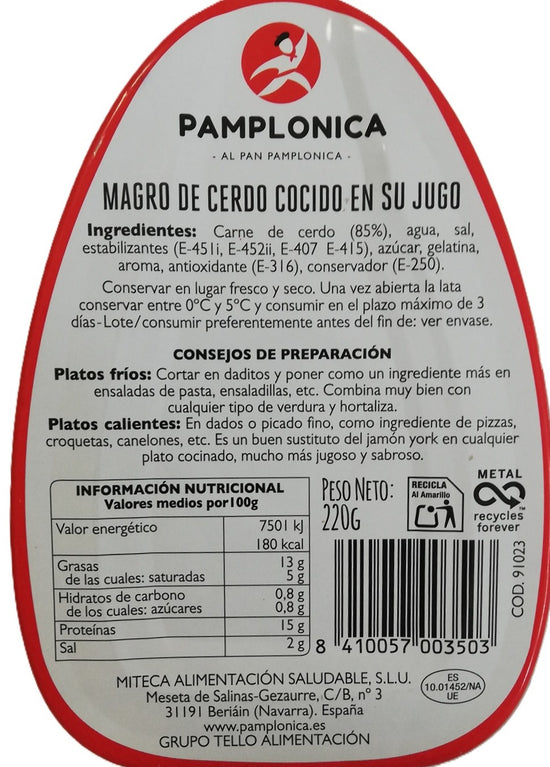MAGRO DE CERDO - PAMPLONICA - LATA 220 GRS. - ALTO EN PROTEINAS - SIN GLUTEN, SIN LACTOSA