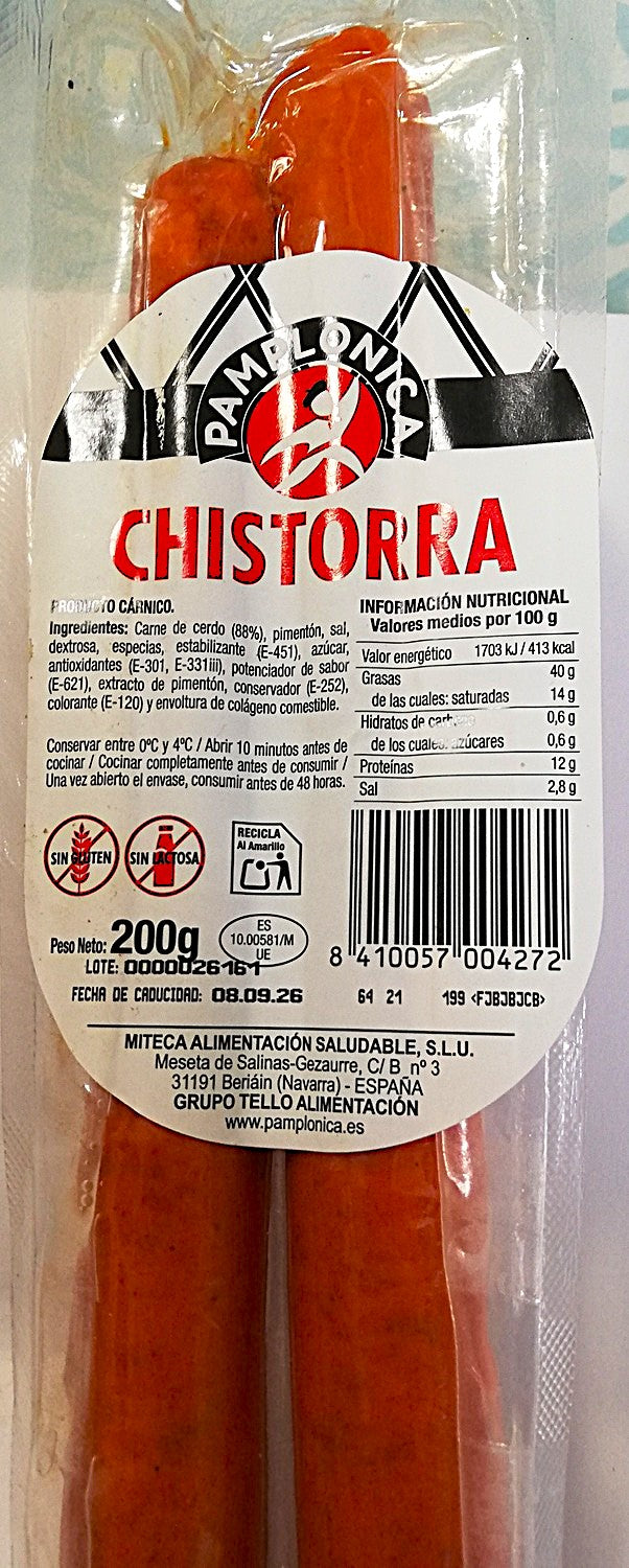 CHISTORRA PAMPLONICA PIEZA ENTERA DE 200 GRAMOS - SIN GLUTEN, SIN LACTOSA