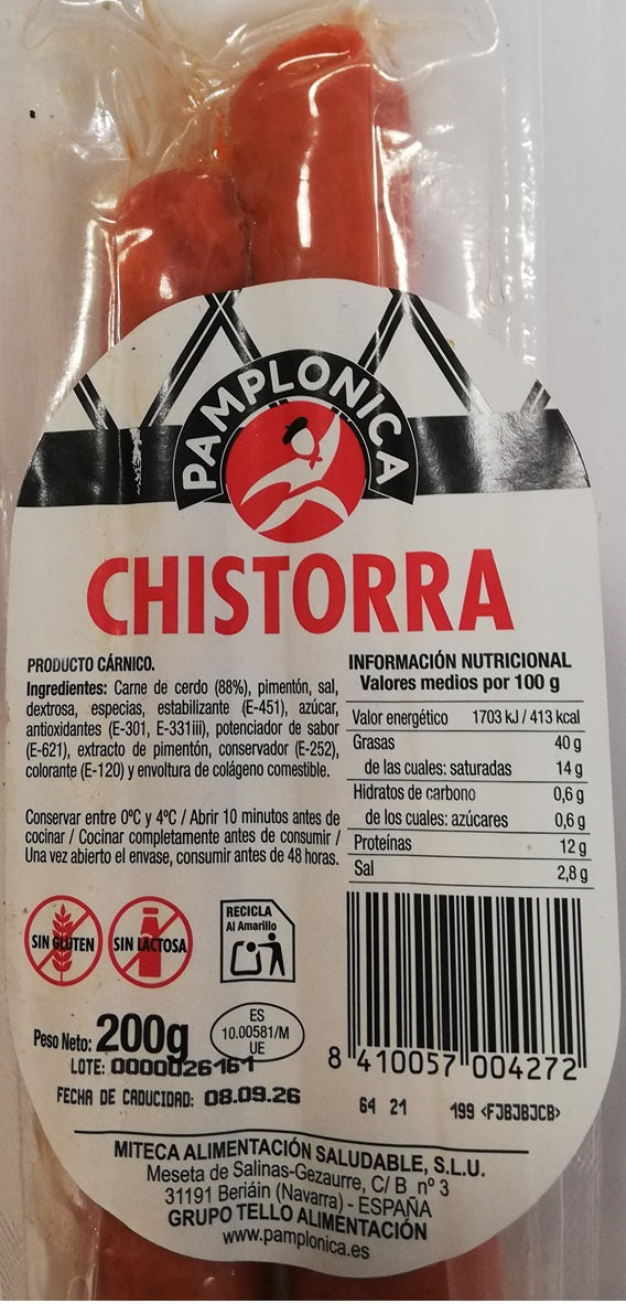 CHISTORRA PAMPLONICA PIEZA ENTERA DE 200 GRAMOS - SIN GLUTEN, SIN LACTOSA