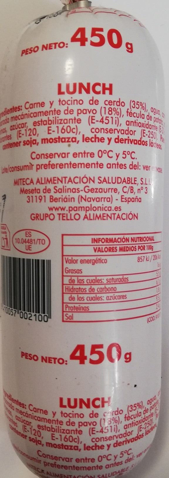 LUNCH PAMPLONICA, PIEZA DE 450 GRAMOS - SIN GLUTEN -