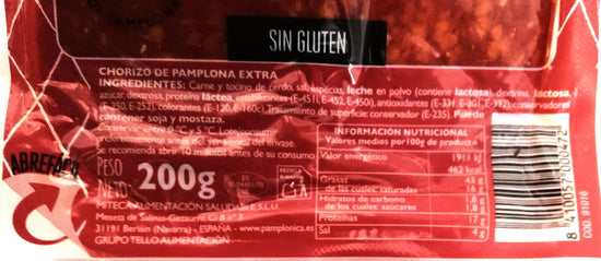 CHORIZO DE PAMPLONA LONCHEADO 200 GRAMOS MARCA PAMPLONICA