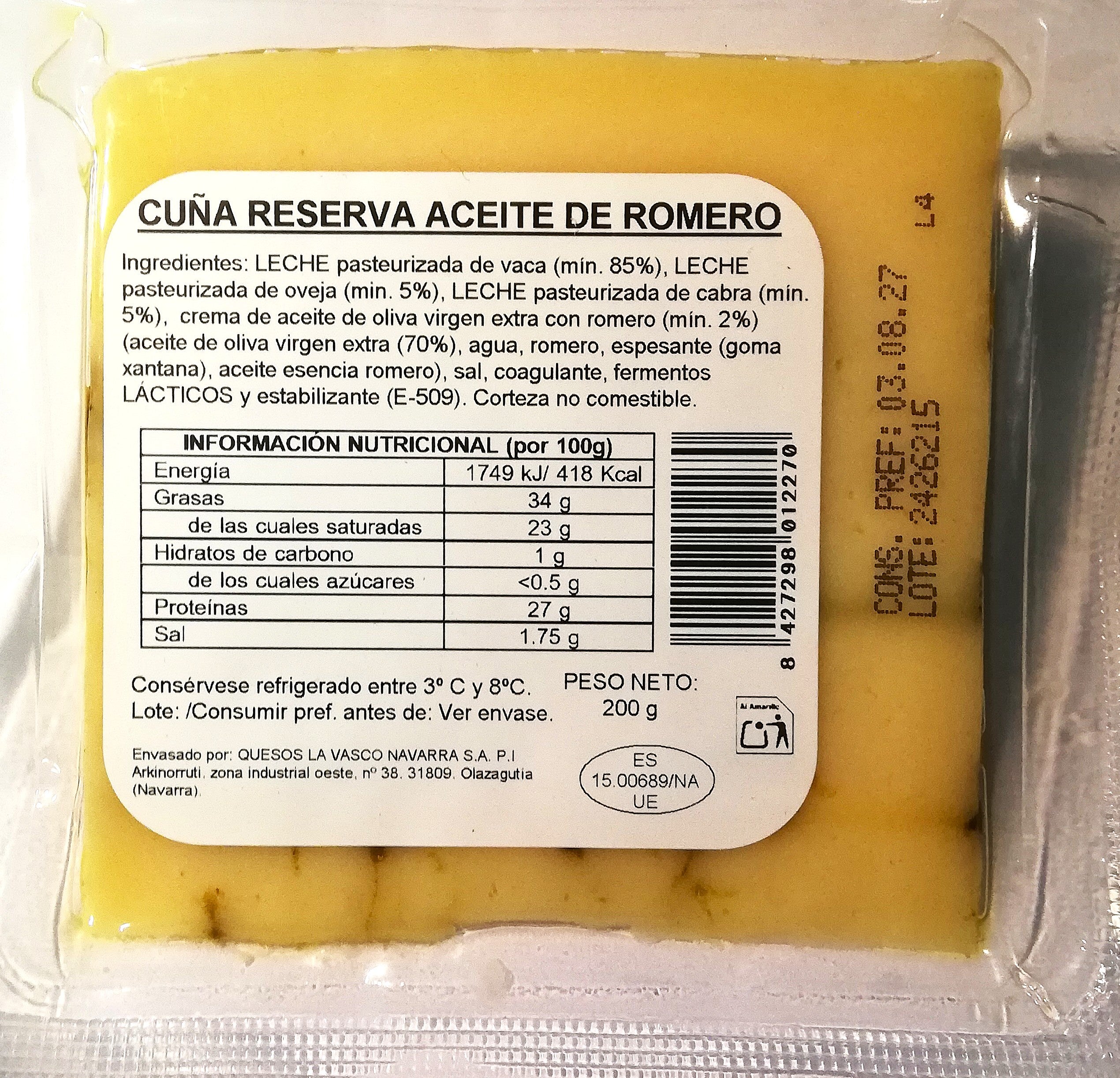 QUESO RESERVA ACEITE DE ROMERO CUÑA 200 GRAMOS "ALBENIZ"