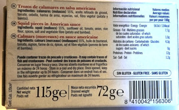 TROZOS DE CALAMARES EN SALSA AMERICANA "PAY PAY" lata de 115 g.