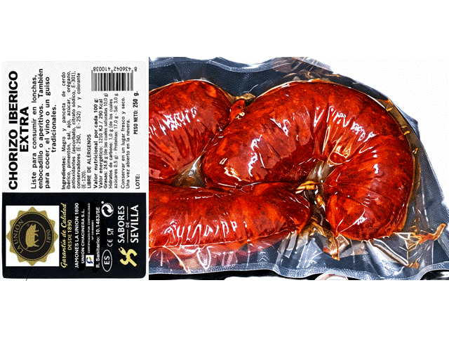 LOTE (Cesta) EMBUTIDOS IBÉRICOS (Salchichón Ibérico 250g. - Chorizo Ibérico 250g. - Chorizo Ibérico (2 piezas) 250g. - Morcilla Ibérica 300g.) - EMBUTIDOS LA UNION