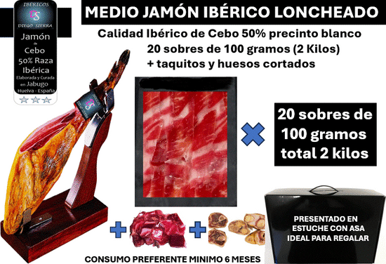 JAMÓN IBÉRICO LONCHEADO "DS Diego Sierra" MEDIA PIEZA 20 sobres de 100 grs. + taquitos + huesos cortados