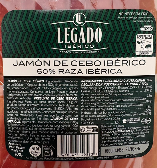 JAMÓN IBÉRICO LEGADO DE CEBO 50% RAZA LONCHEADO SOBRES 100 gms. PACK DE 2 SOBRES
