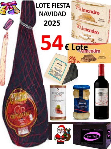 lote pack paletilla bodega Los Romeros Jabugo Huelva + cuña de queso + espetec + vino + conservas + turrón