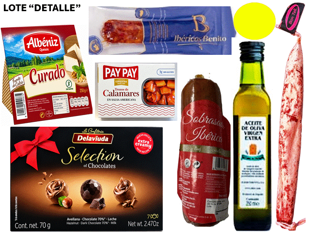 LOTE (Cesta) "DETALLE" Compuesto por: Salchichón Ibérico, Sobrasada Ibérica, Espatec, Queso Curado, Bombones, Aceite Virgen Extra y lata de Calamares