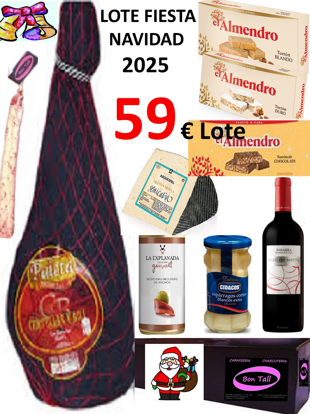lote pack paletilla bodega Los Romeros Jabugo Huelva + cuña de queso + espetec + vino + conservas + turrón