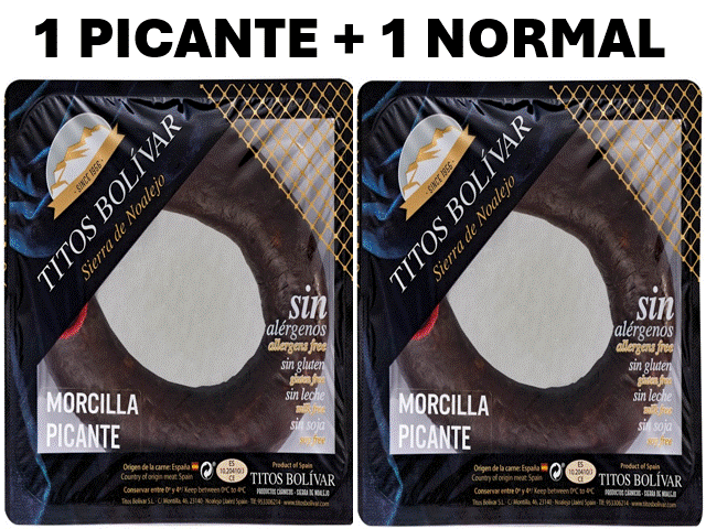 MORCILLA DE JAEN CON CEBOLLA 1 PIEZA NORMAL Y 1 PIEZA PICANTE "Titos Bolivar" Sierra de Noalejo JAEN