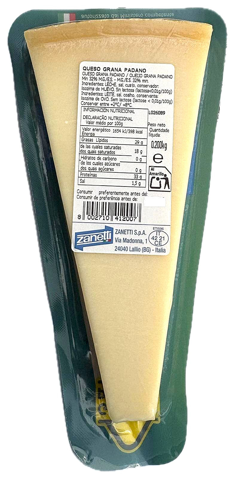 GRANA PADANO QUESO CUÑA 200 GRAMOS "ZANETTI" ITALIA