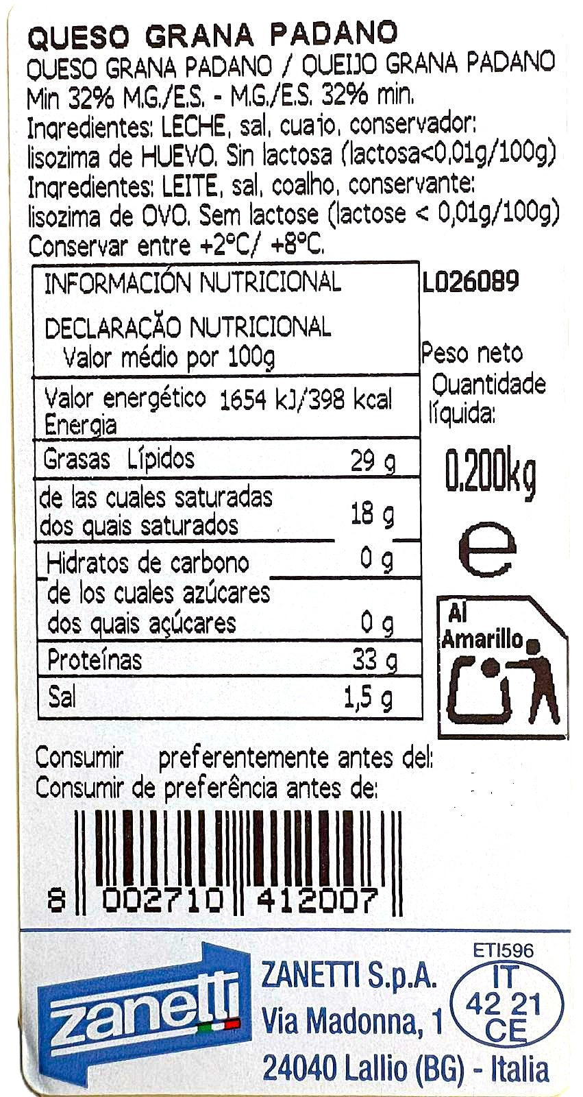 GRANA PADANO QUESO CUÑA 200 GRAMOS "ZANETTI" ITALIA