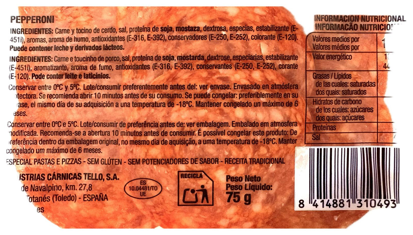 PEPPERONI LONCHEADO MARCA TELLO - 3 SOBRES DE 75 GRAMOS