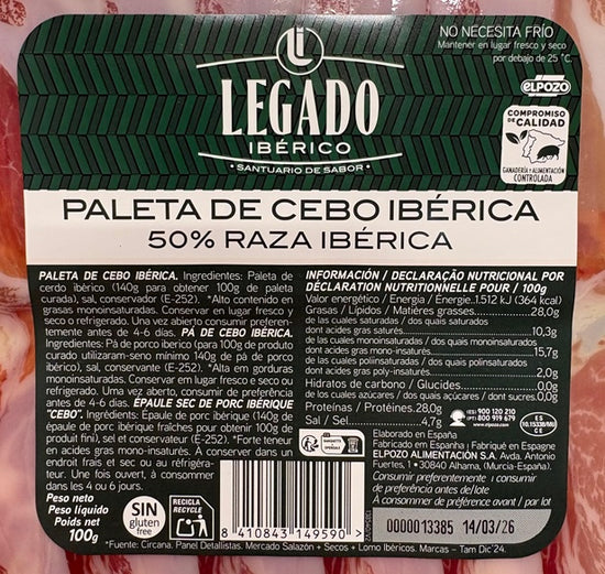 PALETA IBÉRICA LEGADO DE CEBO 50% RAZA -LONCHEADA- CAJA DE 16 SOBRES 100 GRAMOS