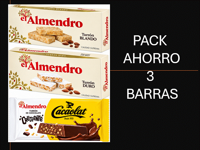 TURRONES EL ALMENDRO, Duro, Blando y Chocolate "CACAOLAT" crujiente PACK AHORRO