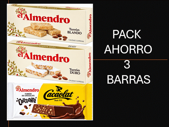TURRONES EL ALMENDRO, Duro, Blando y Chocolate "CACAOLAT" crujiente PACK AHORRO