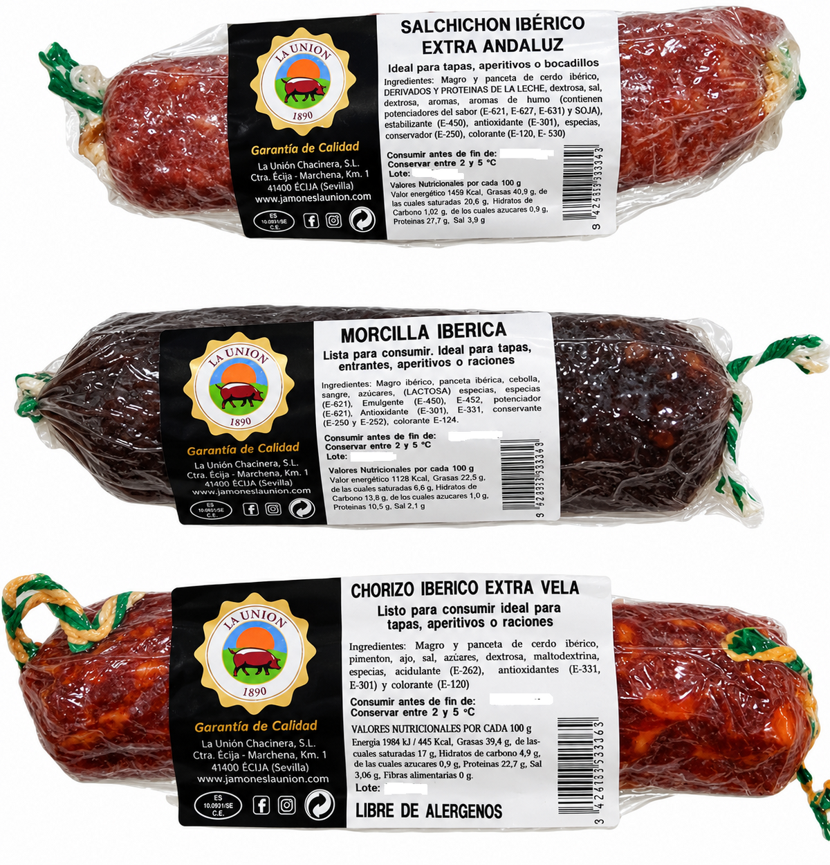 SURTIDO IBÉRICO (Salchichón Ibérico 250g. - Chorizo Ibérico 250g. - Morcilla Ibérica 300g.) - EMBUTIDOS LA UNION