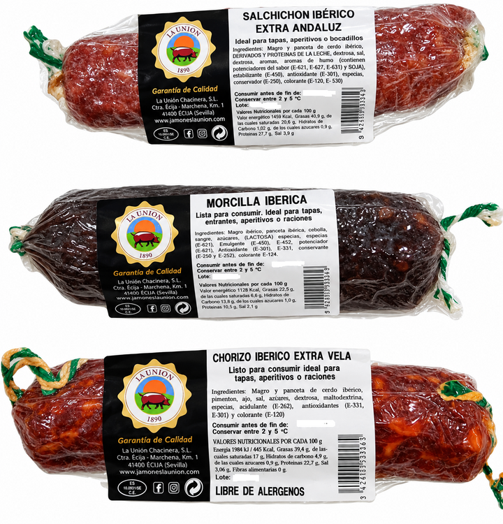SURTIDO IBÉRICO (Salchichón Ibérico 250g. - Chorizo Ibérico 250g. - Morcilla Ibérica 300g.) - EMBUTIDOS LA UNION