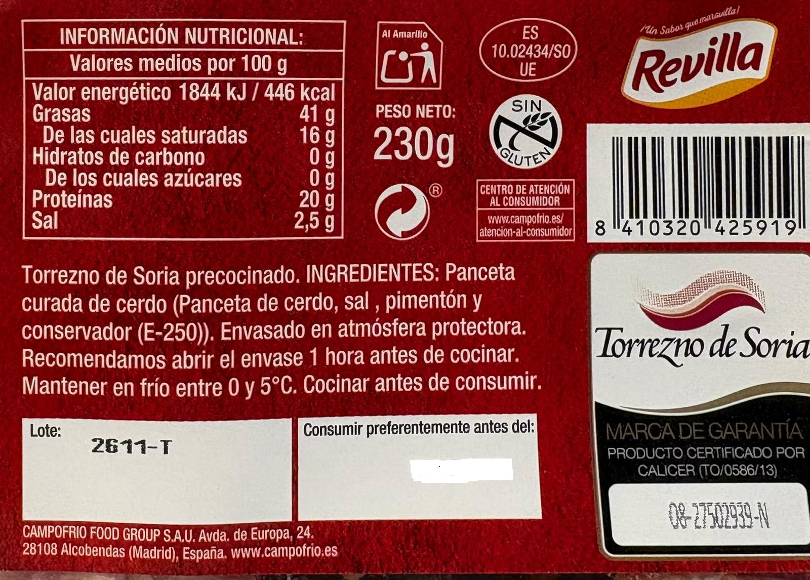 TORREZNOS DE SORIA PRECOCINADOS "REVILLA" en dos formatos: bandeja 230g. o bandeja de 1300g.
