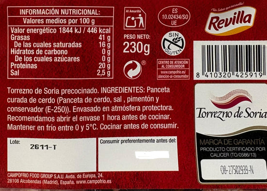 TORREZNOS DE SORIA PRECOCINADOS "REVILLA" en dos formatos: bandeja 230g. o bandeja de 1300g.