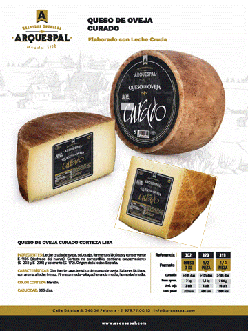 QUESO DE OVEJA CURADO LECHE CRUDA "ARQUESPAL" 1/4 de pieza 750g.- 1/2 pieza 1'5 kgs. - Entero 3 kgs.